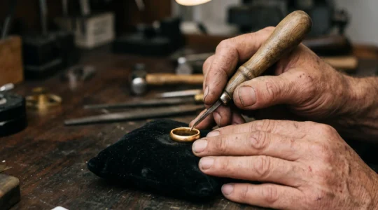 Gros plan artistique sur les mains d'un artisan gravant minutieusement un anneau en or, symbolisant le choix du texte et de l'emplacement d'une gravure sur bijou