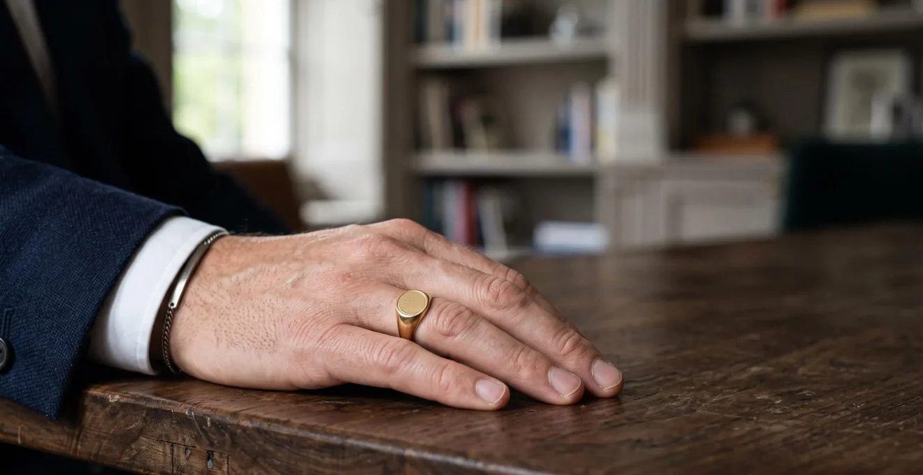 Gros plan sur la main d'un homme élégant portant une chevalière discrète et une montre, incarnant l'équilibre entre pouvoir et sobriété