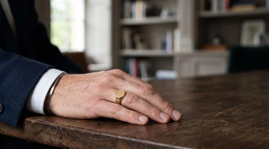 Gros plan sur la main d'un homme élégant portant une chevalière discrète et une montre, incarnant l'équilibre entre pouvoir et sobriété