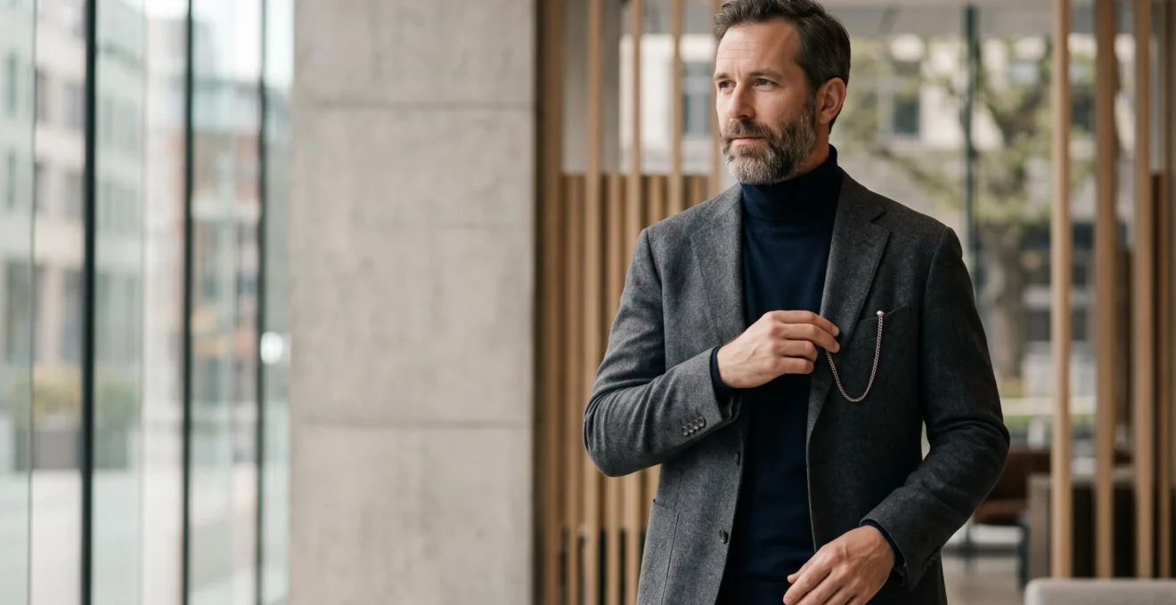 Homme élégant en tenue contemporaine portant une montre à gousset moderne glissée dans la poche d'un blazer, sans artifice vintage excessif