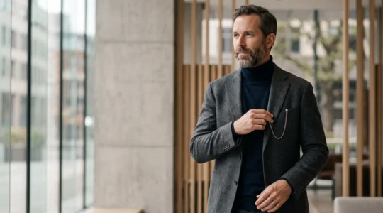 Homme élégant en tenue contemporaine portant une montre à gousset moderne glissée dans la poche d'un blazer, sans artifice vintage excessif