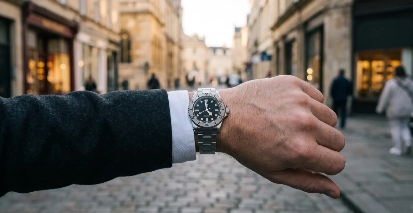 Poignet d'un homme élégant en costume urbain portant une montre de plongée robuste à la lunette tournante, dans une rue de ville au petit matin