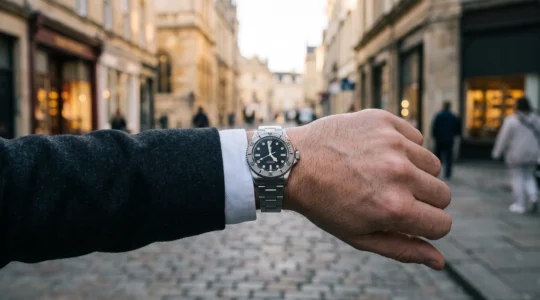 Poignet d'un homme élégant en costume urbain portant une montre de plongée robuste à la lunette tournante, dans une rue de ville au petit matin