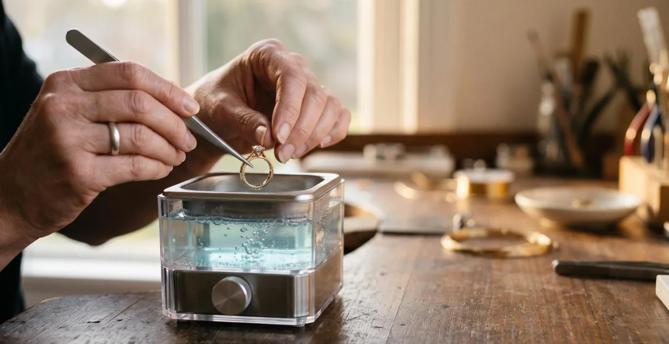 Mains delicates plongeant une bague precieuse dans un bain a ultrasons transparent, lumiere douce et ambiance feutree