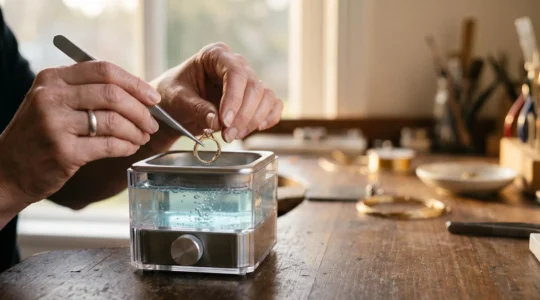 Mains delicates plongeant une bague precieuse dans un bain a ultrasons transparent, lumiere douce et ambiance feutree