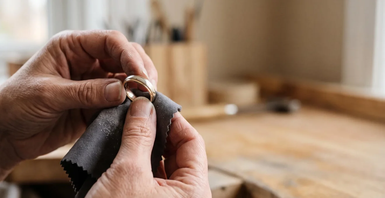 Gros plan artistique sur une bague en métal précieux tenue délicatement, illustrant le soin apporté à son polissage