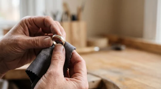 Gros plan artistique sur une bague en métal précieux tenue délicatement, illustrant le soin apporté à son polissage