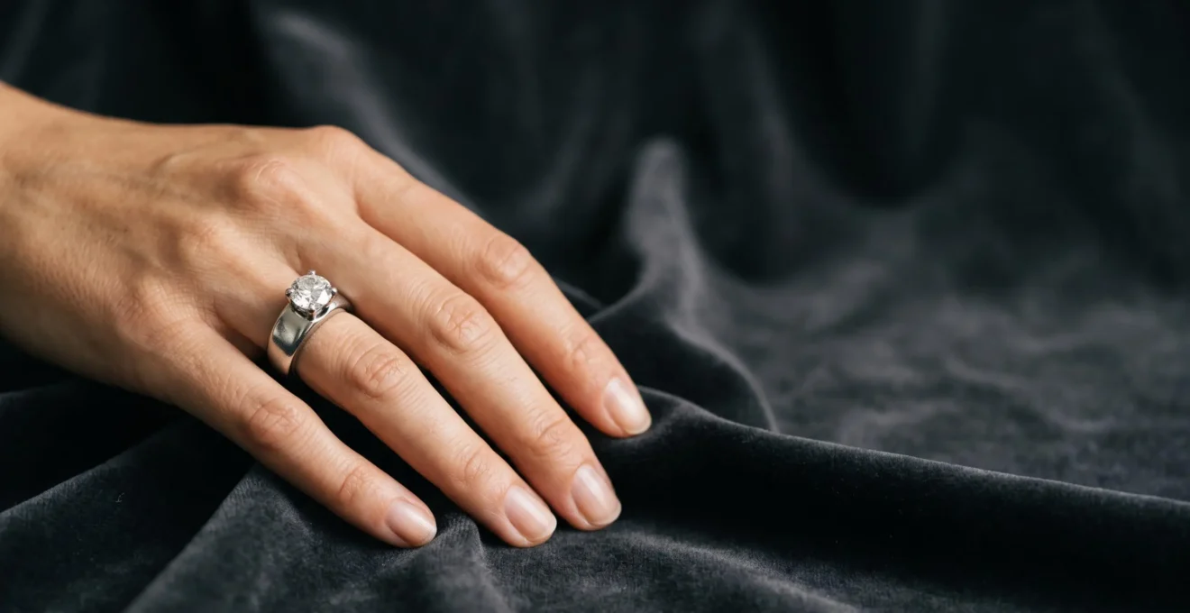 Une main portant une bague en platine massif capte une lumiere douce et directionnelle sur un fond neutre epure