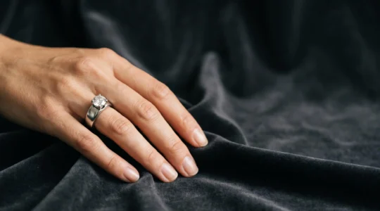 Une main portant une bague en platine massif capte une lumiere douce et directionnelle sur un fond neutre epure