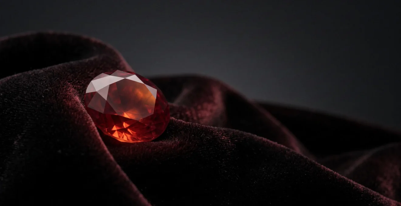 Gros plan artistique d'un rubis rouge intense évoquant la passion et le pouvoir à travers les siècles