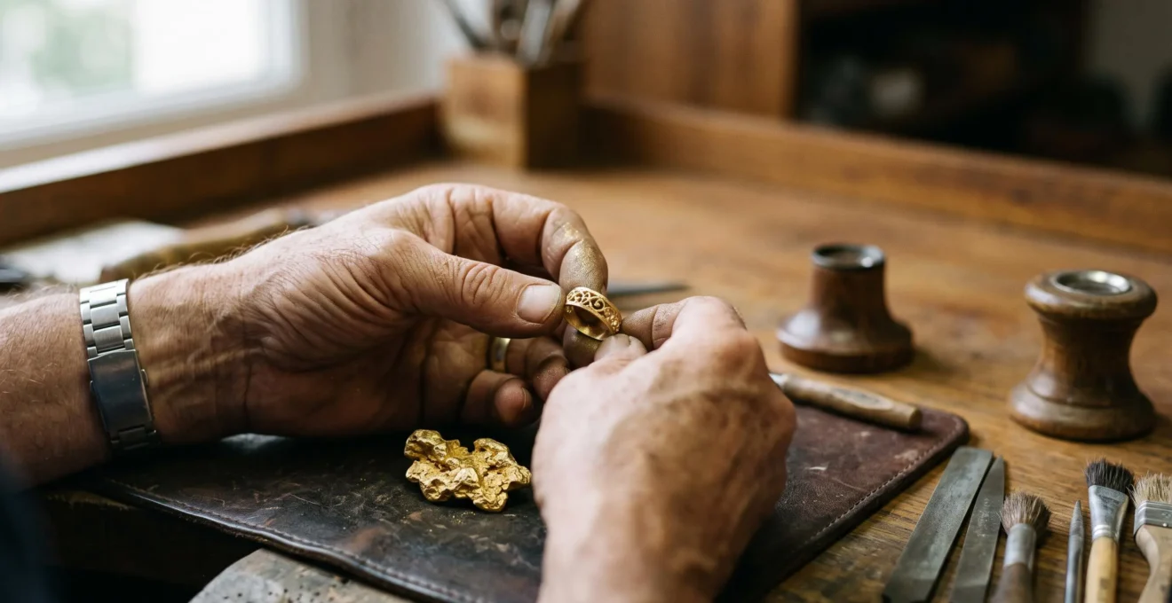 Mains d'un joaillier français façonnant à la main une bague en or dans un atelier parisien baigné de lumière naturelle