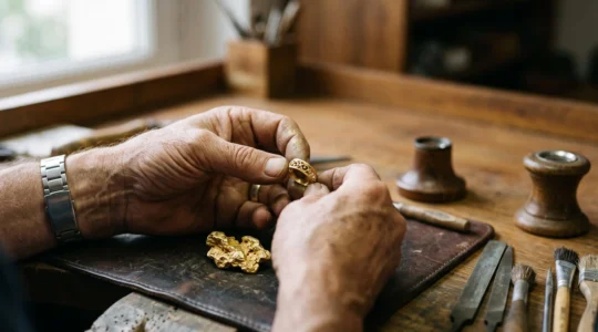 Mains d'un joaillier français façonnant à la main une bague en or dans un atelier parisien baigné de lumière naturelle