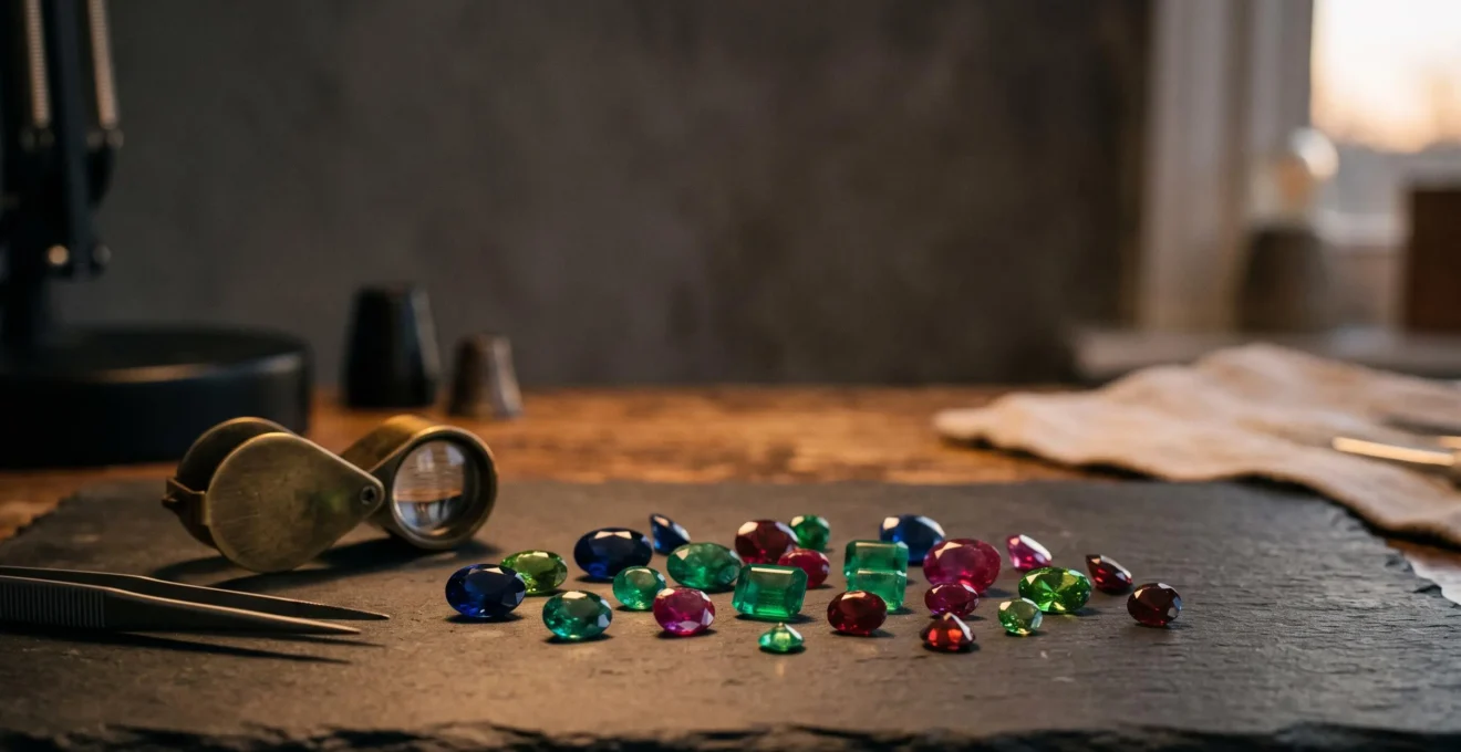 Table de travail d'un expert gemmologue entourée de pierres de couleur variées, symbolisant la veille sur les tendances du marché des gemmes