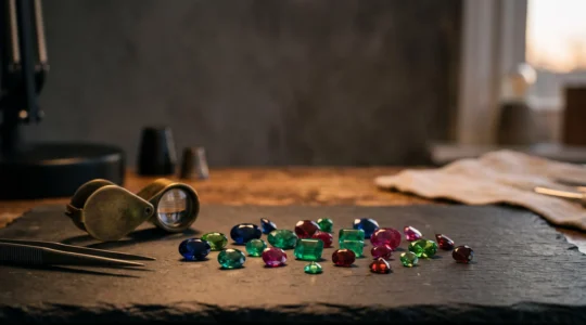 Table de travail d'un expert gemmologue entourée de pierres de couleur variées, symbolisant la veille sur les tendances du marché des gemmes
